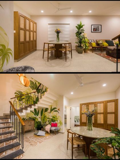 A collage from a publication, showing the harmonious flow between the staircase, dining, and living areas.