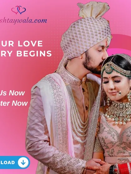 Your love story begins here. This ad uses a romantic image of a couple and a simple "Download" button to encourage action.