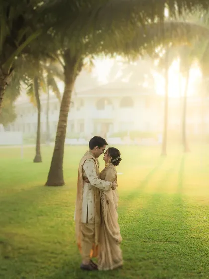 The magic of golden hour at a Goa destination wedding, where the light is as warm as the couple's embrace. We chase this light to create ethereal, romantic portraits that feel both grand and deeply personal.