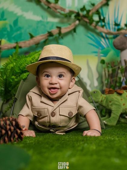A happy baby explorer crawling through our lush jungle and dinosaur set.