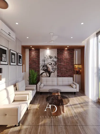 This view shows the feature wall with exposed brick and a large pop-art portrait, adding an industrial and edgy vibe to the contemporary space.