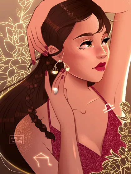 A detailed close-up of the Libra illustration. This view highlights the scale earrings and the glowing Libra constellation on her arm, integrating astrological symbols into the character design.