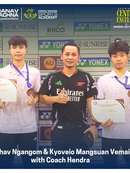 Coach Hendra with our bronze medal winners, Rishav and Kyoveio, at the Yonex-Sunrise All India Sub-Junior Ranking Badminton Tournament. This picture captures the pride of a mentor in his students' success.