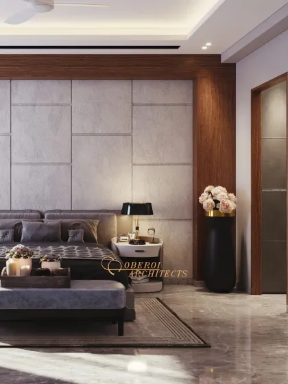 A detail shot showing the warm wood accents and the soft, indirect lighting that create a cozy and inviting atmosphere.