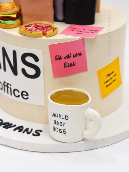 A close-up of the "World's Best Boss" mug, filled with edible "chai."