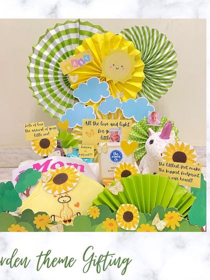 A cheerful garden-themed hamper for parents-to-be. This bright and sunny gift features sunflowers, a unicorn toy, and lots of positive messages to celebrate the new beginning.