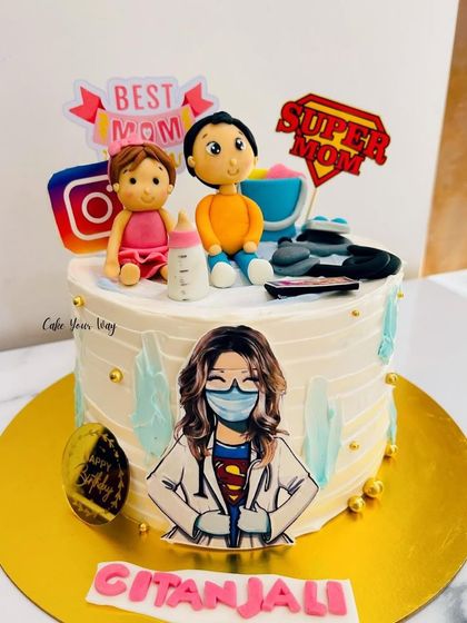 Celebrating a supermom who is also a doctor. This cake combines her professional and personal life in one sweet design.