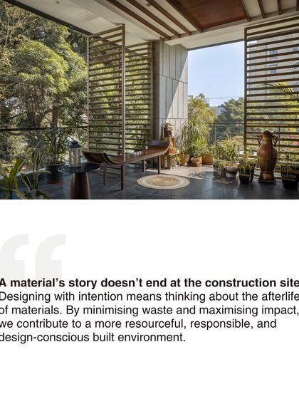 A material's story doesn't end at the construction site. This image of a serene balcony, built with thoughtfully sourced wood, is accompanied by our philosophy on minimizing waste and maximizing impact.