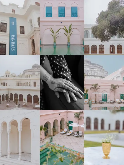 A collage of the stunning architecture and serene courtyards of Ranbaas The Palace in Patiala, a perfect venue for a heritage wedding.