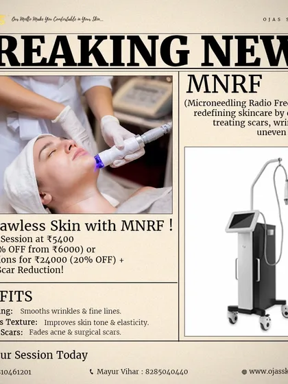 We are excited to share details about our Microneedling Radio Frequency (MNRF) treatment. This is a breakthrough for treating stubborn acne scars, wrinkles, and uneven skin tone by stimulating your skin's natural healing process. We are offering special packages to make this advanced treatment more accessible.