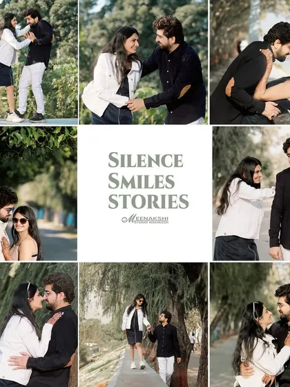 A grid collage titled 'Silence, Smiles, Stories', showcasing a variety of candid and playful pre-wedding moments. This format is great for telling a fuller story of your day together.