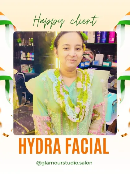 A happy client looking serene and beautiful with her fresh, glowing skin after a Hydra Facial.