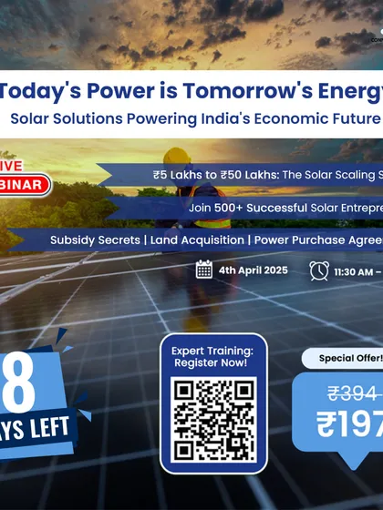 This countdown ad for our solar solutions webinar features a vast solar farm under a dramatic sky. It promotes our expert training on setting up solar farms and winning government tenders for high-profit projects.