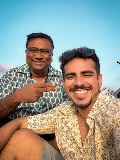 A happy moment on set with a producer. A rare snap that captures the collaborative spirit of a successful shoot.
