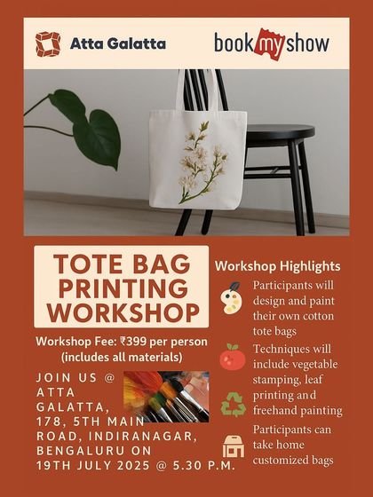 Poster for a Tote Bag Printing Workshop using eco-friendly techniques like vegetable and leaf stamping.