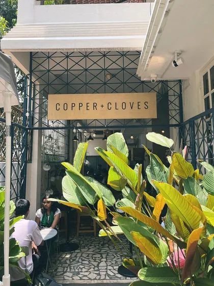 Our entrance, framed by vibrant green plants, welcomes you into the world of Copper + Cloves.