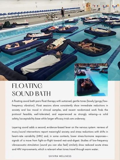 A floating sound bath combines the therapeutic properties of water with vibrational healing. Studies show that this combination can lead to immediate reductions in anxiety and stress, helping your body shift into a state of deep rest.