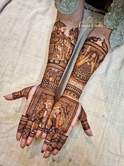 A closer look at the hand mehendi for an NRI bride from Ireland, showcasing the detailed baraat and bride portrait figures.
