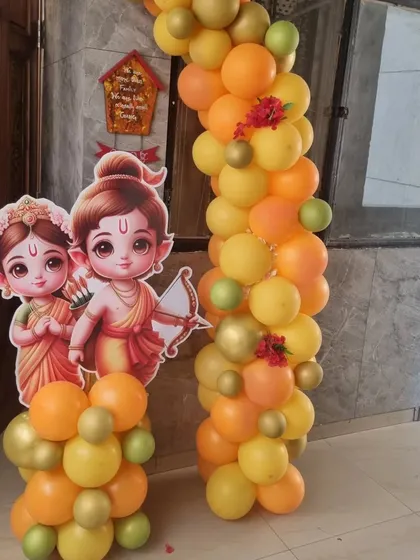 I also provide decorations for cultural and religious events. Here you can see custom Ram and Sita character cutouts paired with a balloon pillar, perfect for traditional celebrations at home.