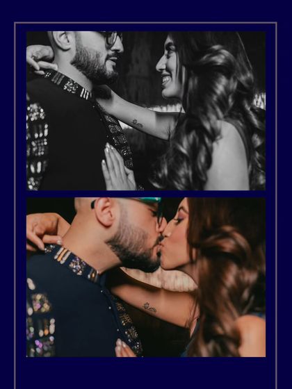 A collage capturing the intimate and romantic moments from a cocktail evening, including a sweet kiss and loving glances.