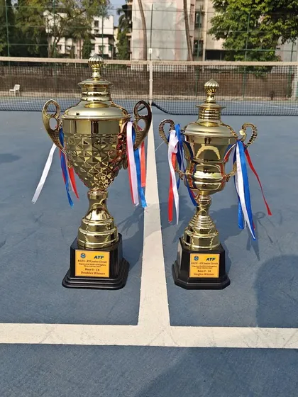 The spoils of victory. The singles and doubles winner's trophies from the U-14 Asians tournament in Bengaluru, both won by our trainee Aarav Chhallani.