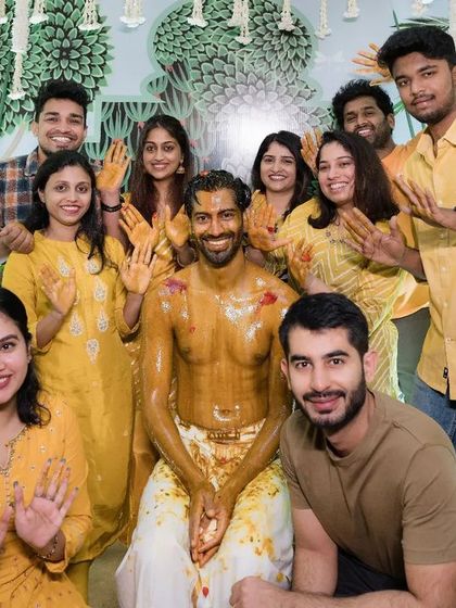 The joy of the Haldi ceremony, with the groom surrounded by friends and family. Our decor provides a beautiful, memorable backdrop for these happy moments.