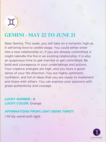 A romantic weekly prediction for Gemini, where love takes center stage. This forecast indicates a time for new relationships, rekindling flames, or making commitments.