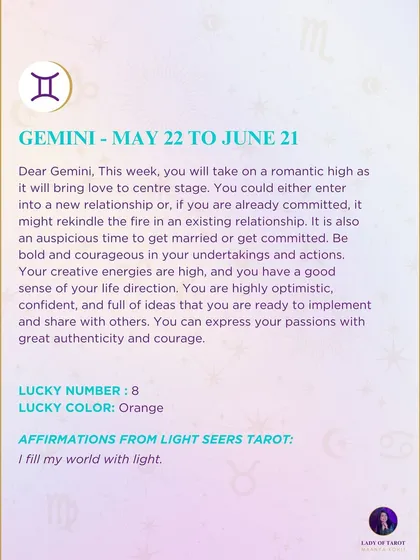 A romantic weekly tarot forecast for Gemini. This week brings love to center stage, with possibilities of a new relationship or rekindling an existing one.