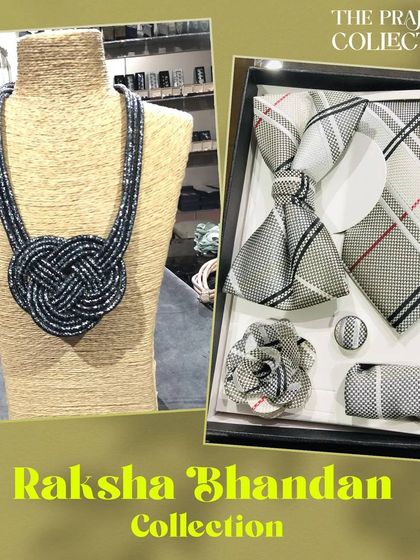 An elegant gift combination featuring a men's accessory set with a grey plaid tie and bow tie. This is matched with a sophisticated women's necklace featuring a large, woven heart knot design.