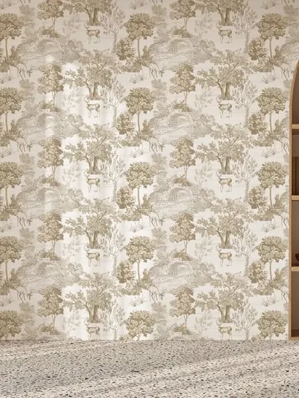 This charming countryside scenic pattern adds a rustic yet refined touch to the room. The built-in arched shelf beautifully complements the wallcovering's gentle, narrative style.