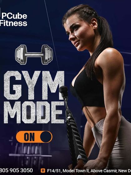 A graphic with the "Gym Mode ON" switch, featuring a woman ready to tackle her tricep workout.
