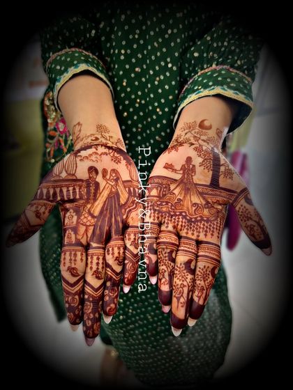 The gorgeous, deep brown stain of a narrative mehndi design. This is the color every bride dreams of for her wedding.