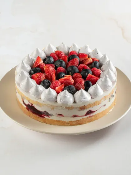 This is our Mixed Berry Tres Leches cake. The light, airy sponge is soaked in a sweet milk mixture and topped with a medley of fresh berries.
