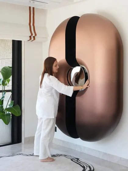 This is our viral statement bar unit, a piece of functional art. Designed for our Evelyn duplex project, its pod-like structure with an ombre finish slides open to reveal a fully functional bar, complete with smart storage and a mirrored counter. It’s a conversation starter that blends innovation with luxury.