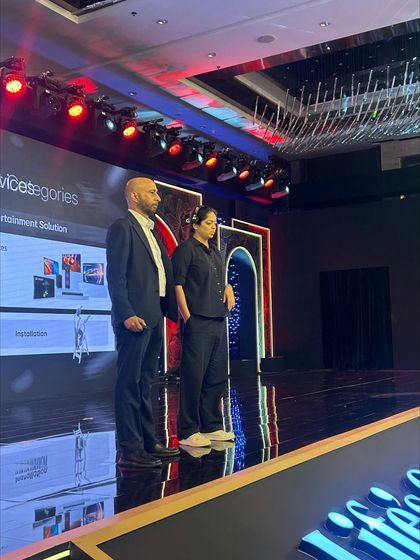 Our team on stage during a technical rehearsal for the LG Conference. We check every light, sound, and video cue before the doors open.