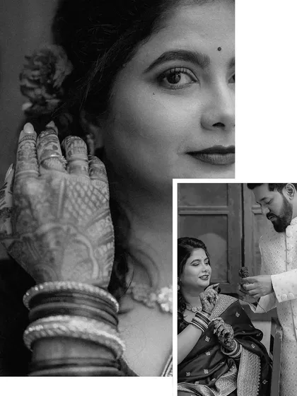 A black and white collage focusing on details and expressions. A close-up of the bride's face and henna-clad hand is paired with a shot of the groom helping her, telling a small story.