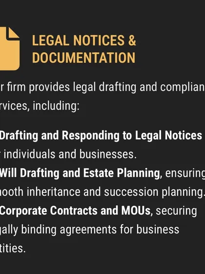 Proper legal documentation is the foundation of a secure business. I provide meticulous drafting services for corporate contracts, Memorandums of Understanding (MOUs), and legal notices to ensure your agreements are legally sound and enforceable.