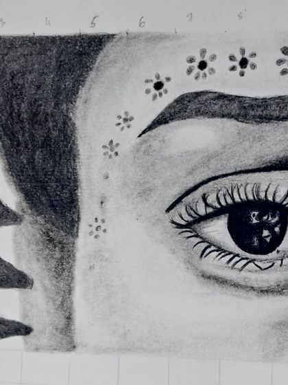 A close up of the finished eye sketch. This exercise focuses on capturing intricate details like eyelashes, reflections in the pupil, and delicate shading on the skin.