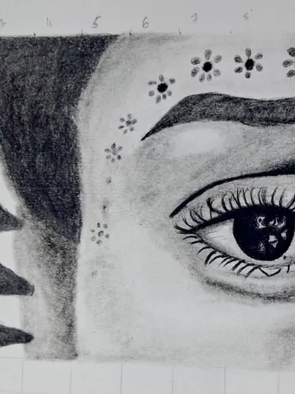 A close up of the finished eye sketch. This exercise focuses on capturing intricate details like eyelashes, reflections in the pupil, and delicate shading on the skin.