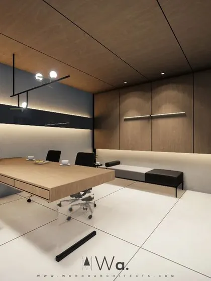A different perspective of the director's office, showing the combination of light grey walls and a warm wood ceiling and back panel. The design balances professionalism with a comfortable, modern feel.