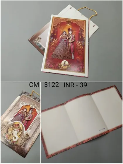 A wedding card that tells a story, featuring a beautiful illustration of a bride and groom in a royal setting. This design also includes a Ganesha motif and comes in a handled format.