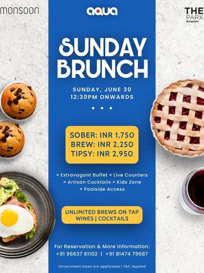 A poster for our Sunday Brunch, highlighting the three packages available: Sober, Brew, and Tipsy. Enjoy unlimited brews, wines, or cocktails alongside our delicious buffet.