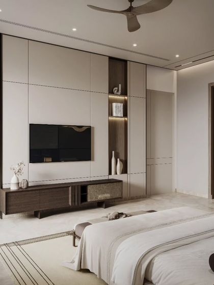 Multiple views of a bedroom with a rustic-modern aesthetic, featuring wood paneling and a decorative bull skull. Our renders capture the warm, earthy tones and the balance between rugged and refined elements.