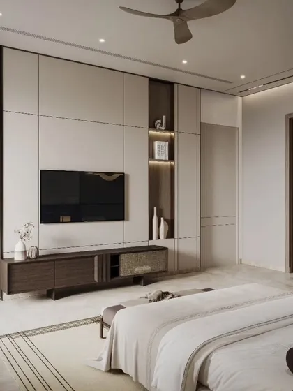 Multiple views of a bedroom with a rustic-modern aesthetic, featuring wood paneling and a decorative bull skull. Our renders capture the warm, earthy tones and the balance between rugged and refined elements.