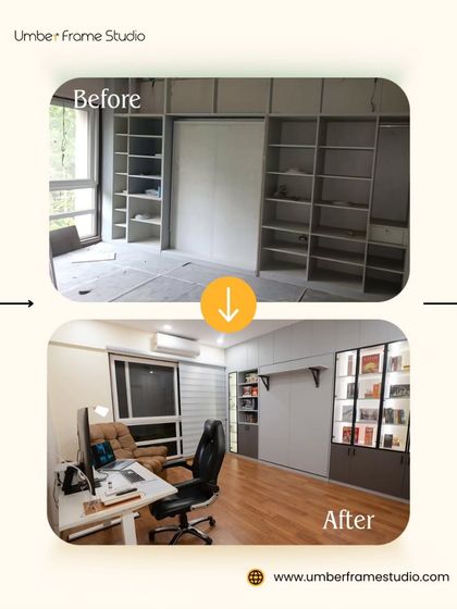 Before and After: This room was converted into a functional home office. We designed custom shelving and a dedicated workspace to create a productive and organized environment.