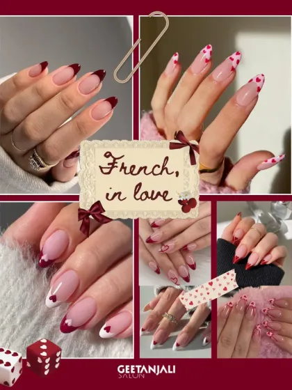 French, but in love. This moodboard is all about romantic variations on the classic French manicure, using red for the tips and adding delicate heart details for a sweet, modern look.