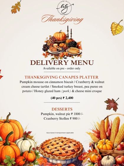 Our Thanksgiving delivery menu, featuring a Thanksgiving Canapés Platter and delicious desserts like pumpkin walnut pie and cranberry stollen.