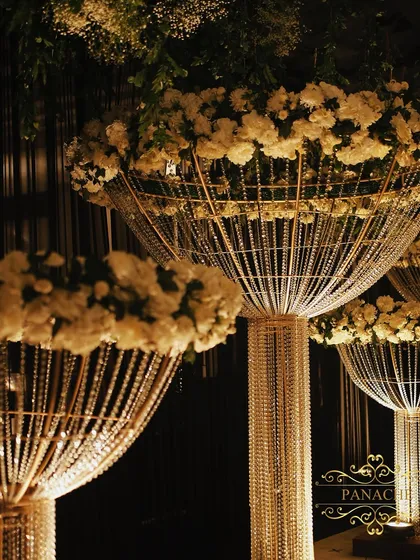 A close-up of the magnificent crystal and floral centerpieces. These structures, resembling inverted chandeliers, added a major wow-factor to the decor.
