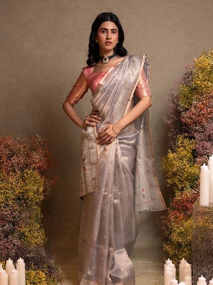 The full look of the silver organza saree, showcasing its shimmering texture and elegant drape.