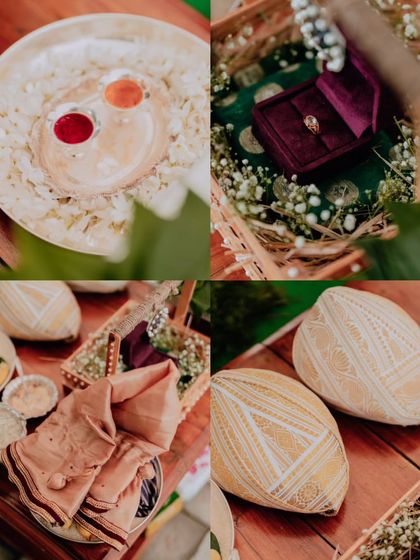A collage of detailed shots from a ring ceremony, showing the ring, traditional offerings, and decor.